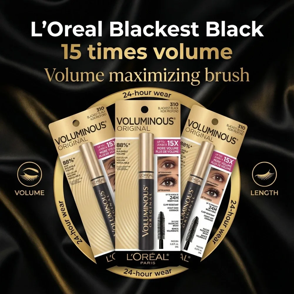 L'Oréal Voluminous Mascara Liquid - 0.28 fl oz, 310 Blackest Black 3 Pack